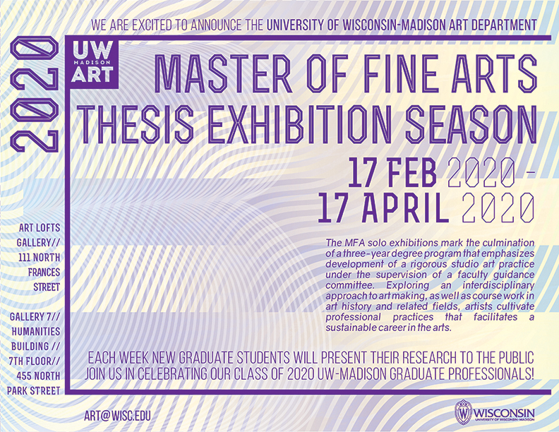 UW_ARTdept's tweet photo. Are you ready for the #UWMadison #UWgrad #classof2020 #MFA Exhibition Season?? 🎓🎉🥂🍾 https://t.co/GVVAY0vlUx
Starting next week w Familiar Words by Kayla Story at the #UWArtLofts - https://t.co/aRfyngNvwn
⠀⠀
#artsatuw #madisonart #artreception #art #UWGallery7 #spring2020 https://t.co/3cdiJ0sSfJ