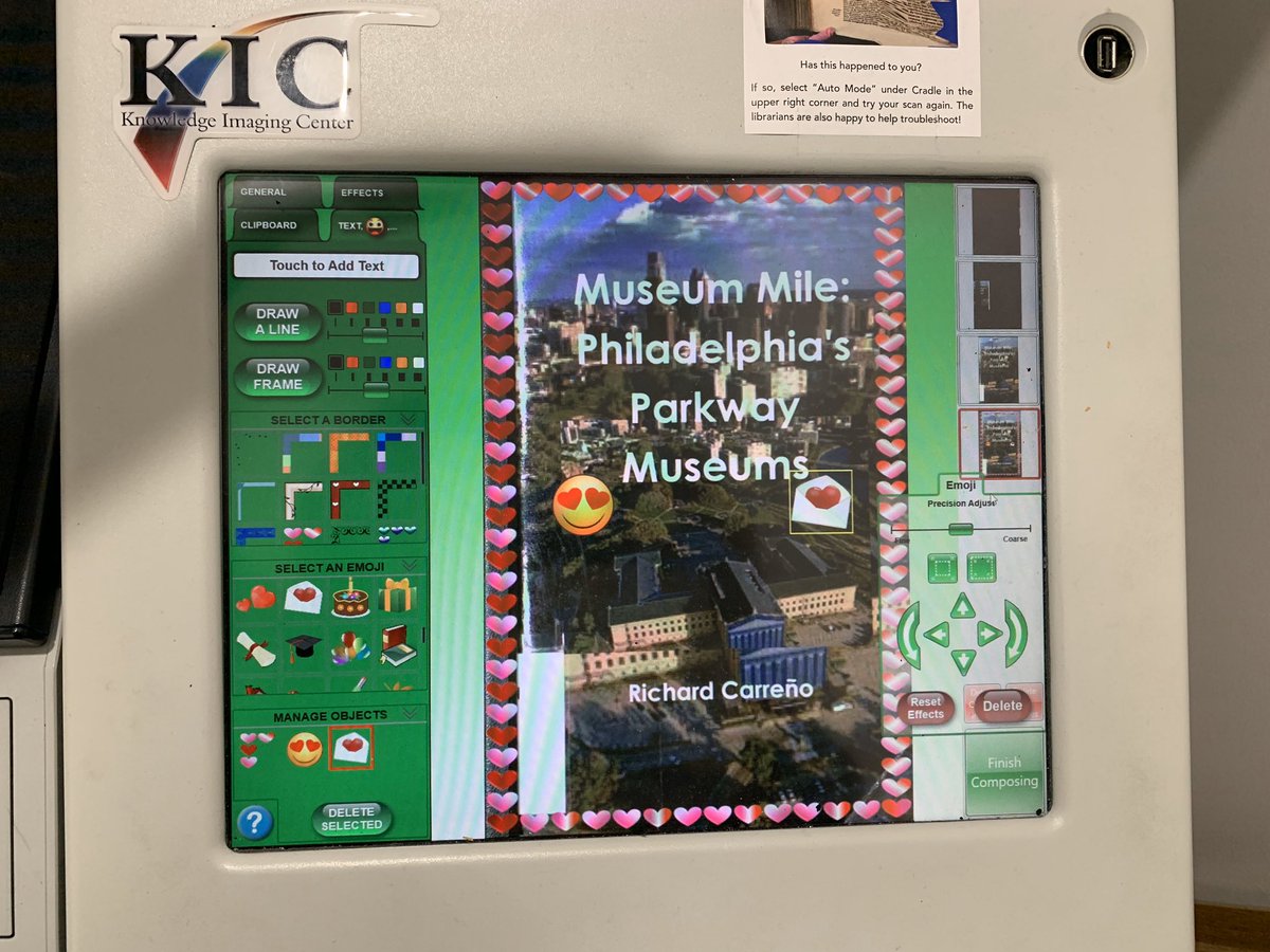 LandAatPMA's tweet photo. tfw it’s 4:15 on 2/14 Friday afternoon and suddenly you realize the Bookeye scanner does emojis and clipart 😍💌♥️ https://t.co/erah7dhmSJ
