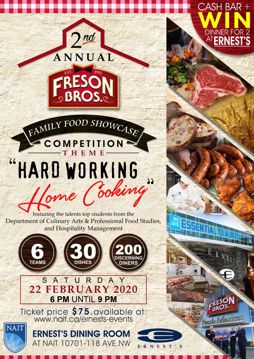 NAIT Culinary Arts (@naitculinary) on Twitter photo Our annual <a href="/FresonBros/">Freson Bros.</a> competition is already 1 week away! Join us at <a href="/ErnestsNAIT/">Ernest's Dining Room</a> on February 22nd with the #NAITculinary students. Tickets can be found here: …itfresonbroscompetition.eventbrite.ca #naitisgreat Our annual <a href="/FresonBros/">Freson Bros.</a> competition is already 1 week away! Join us at <a href="/ErnestsNAIT/">Ernest's Dining Room</a> on February 22nd with the #NAITculinary students. Tickets can be found here: …itfresonbroscompetition.eventbrite.ca #naitisgreat