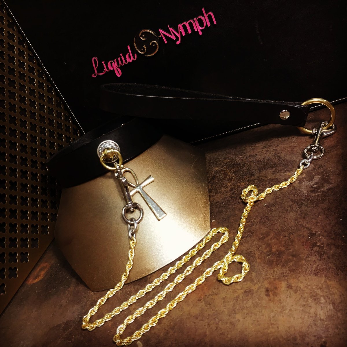 Eternal life with Gold and silver you say? As you wish! This custom leather collar has it plus intricate gold rope chain leash. #customcollar #ddlgprincess #daycollar #bdsmcollar #fetish #gothfashion #egyptianjewelry #bondagecollar #liquidnymph #endlessnightvampireball #vampire