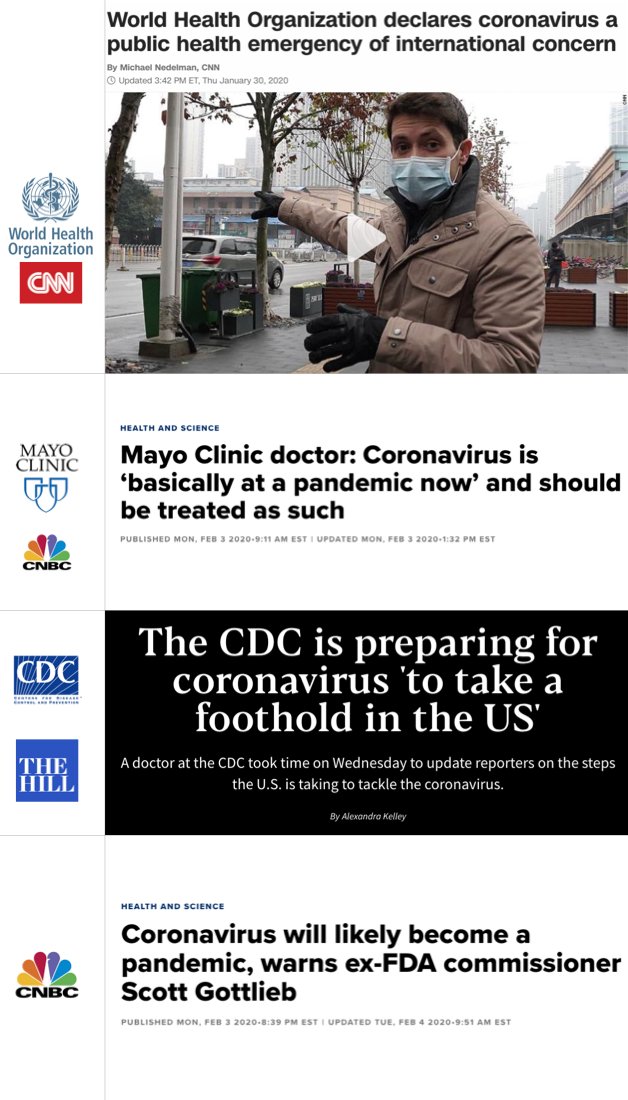 As context:- WHO has declared a global public health emergency- Director of Mayo Clinic vaccine research: "basically at a pandemic now"- CDC: virus may “take a foothold in the US”- Fmr FDA commissioner: pandemic "likely"That’s the grave reality of the current situation.