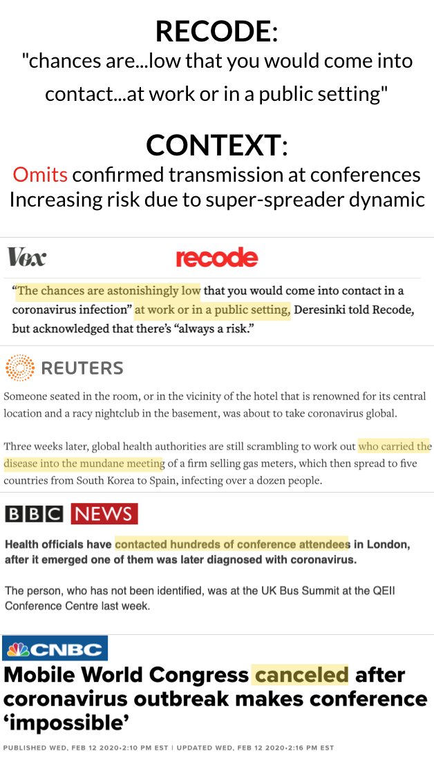 RECODE:"chances are...low that you would come into contact at work or in a public setting"CONTEXT:- Confirmed transmission at conferences- One person spread to N people- Hundreds quarantined due to 1 attendee- Major conference canceled- Contagion means risk is increasing