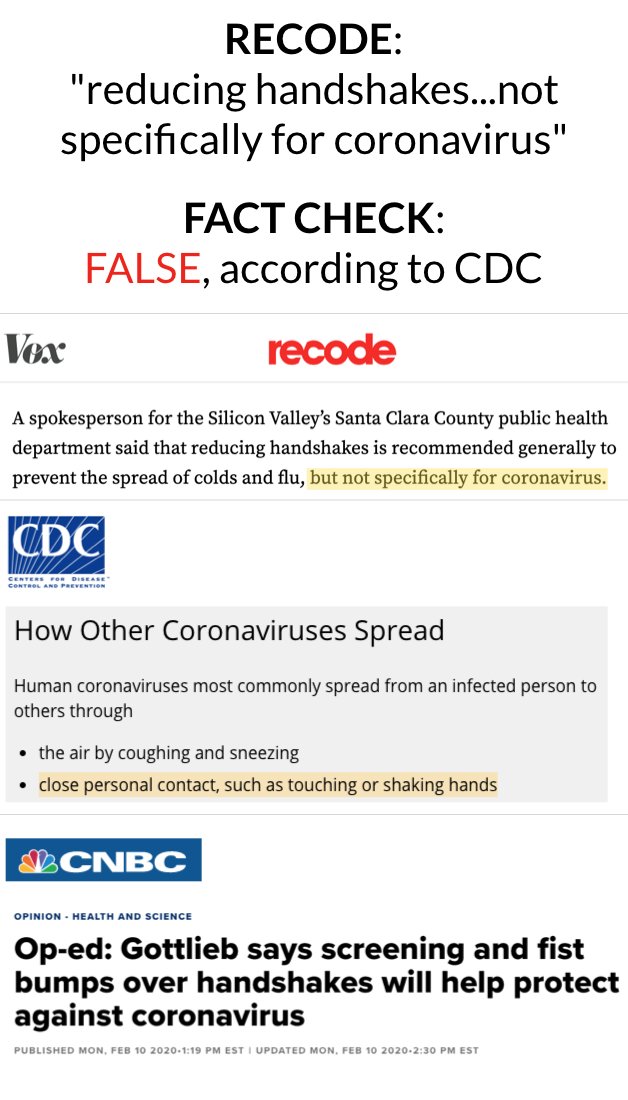 RECODE:"reducing handshakes...not specifically [recommended] for coronavirus"FACT CHECK:False, according to CDC"Human coronaviruses most commonly spread from an infected person to others through...close personal contact, such as touching or shaking hands"