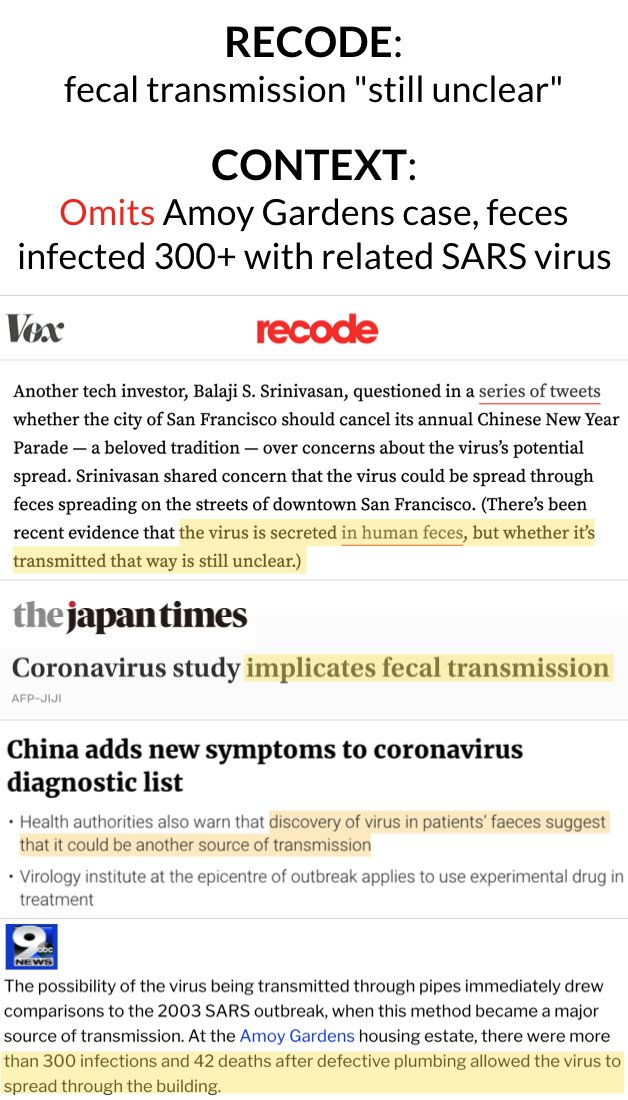RECODE:fecal transmission "still unclear"CONTEXT:- Related SARS virus spread through feces at Amoy Gardens- Infected 300+ people, 42 deaths-  #SARSCoV2 has been discovered in feces- Patients have diarrhea- Multiple scientists now implicate fecal transmission