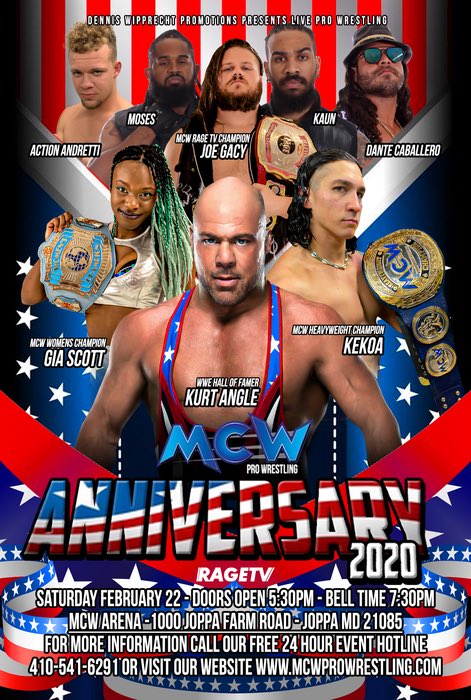 MCWWrestling's tweet photo. Hey #Baltimore its time to win some tickets‼️🔥

All you have to do is Like, #RT &amp; Comment Below for your chance to win #FREE tickets to #MCWAnniversary on SATURDAY NIGHT February 22nd in Joppa, MD featuring #WWE HOF’er @RealKurtAngle🇺🇸 https://t.co/hMMJOHRgF6