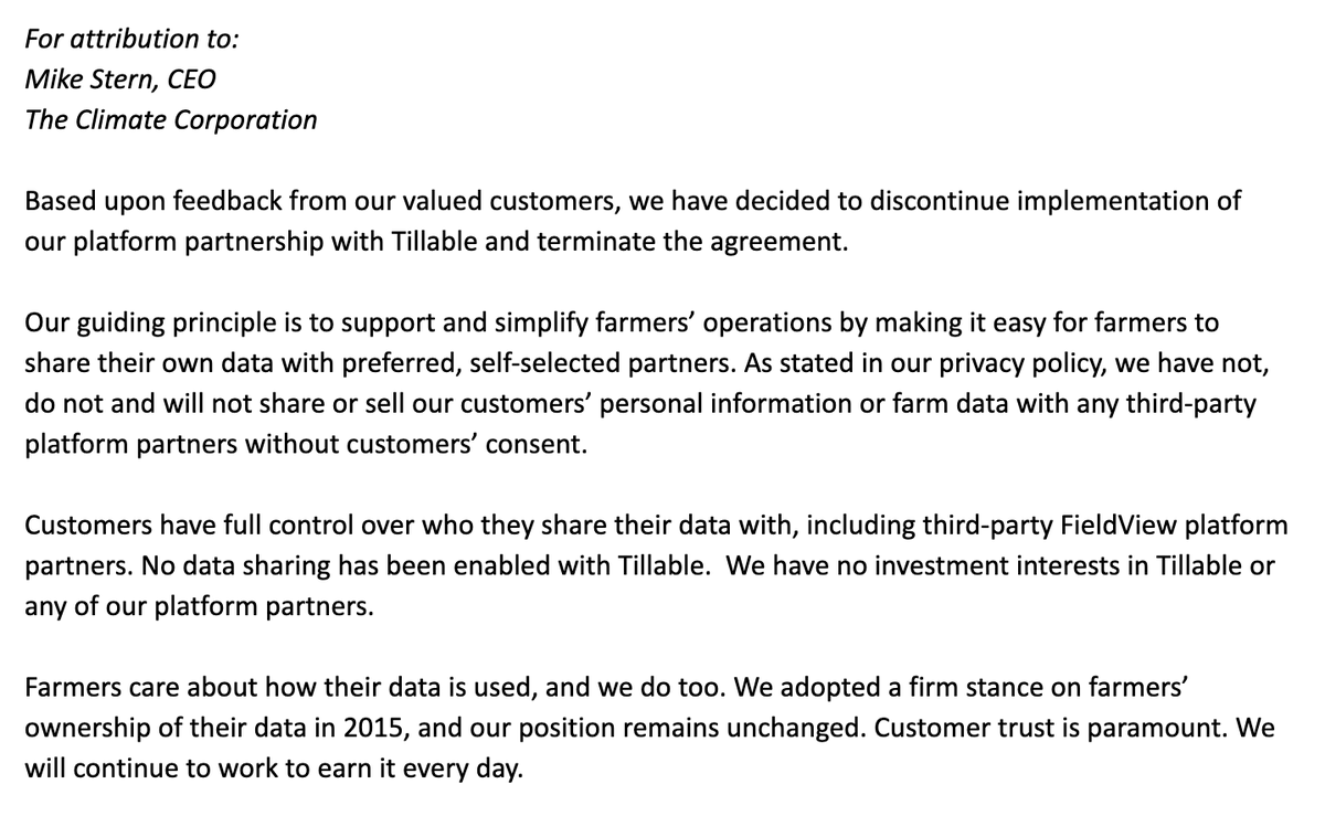 Based upon feedback from our valued customers, we have decided to discontinue implementation of our platform partnership with Tillable and terminate the agreement.