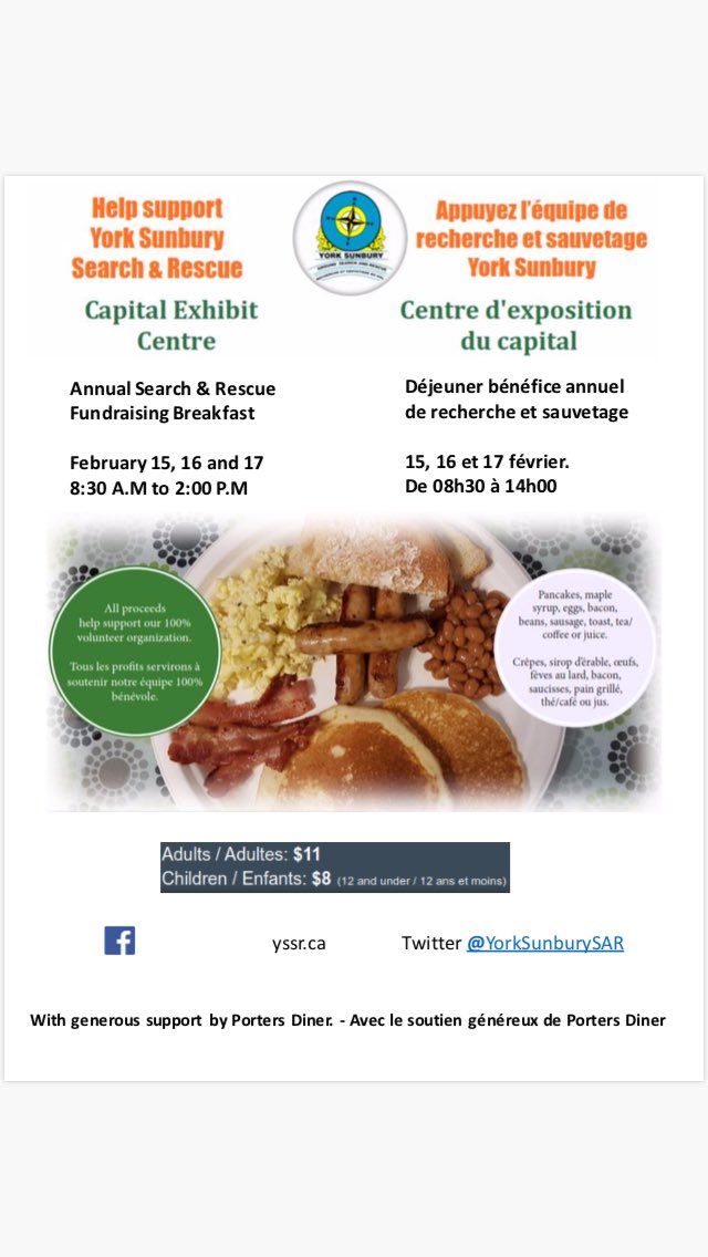 PatPolar_SAR's tweet image. This #FamilyDay weekend, support your local Search &amp;amp; Rescue team and enjoy a pancake breakfast. This Sat, Sun and Mon, 8:30 AM to 2:00 PM at Capital Exhibit Center in Fredericton. Many new surprises this year! This weekend only! We have bacon! #GSAR