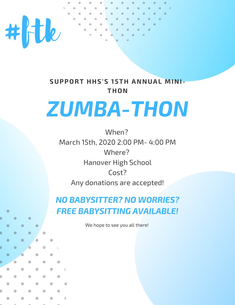 Zumba for a cause with the HHS Mini-THON Committee! Come support the Four Diamonds - which raises money to fund pediatric cancer research and helps pay for families medical treatments - and have fun doing it! Free babysitting is also available! 🎗💛💠 #ftk #hhsthon20