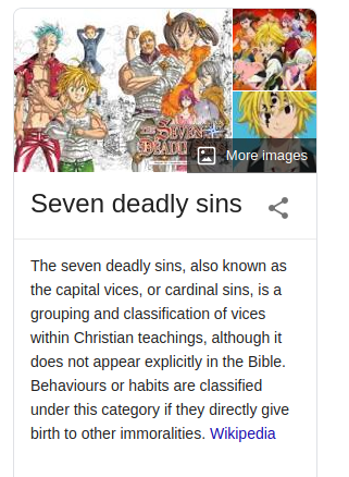 Seven Deadly Sins Google knowledge graph widget showing some manga.