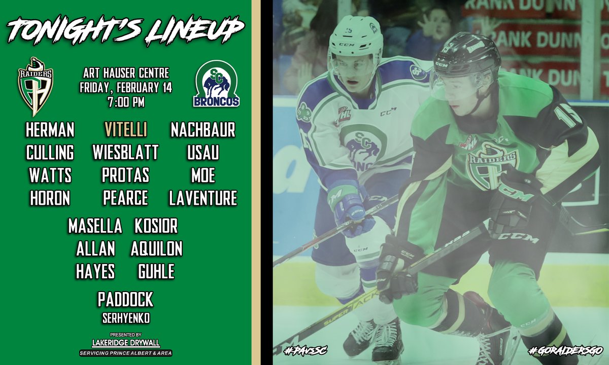 PARaidersHockey's tweet photo. Here's our lineup for tonight's game against the Broncos!
Puck drop is 7 p.m. Tickets are still available, so come down to the rink!
#GoRaidersGo #PAvsSC https://t.co/lnlpQkiYgE