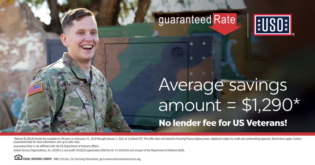 RichGoodwin5's tweet photo. As a proud partner of the USO we’re dedicated to supporting VA homebuyers, so throughout 2020 qualifying military homebuyers pay no lender fee on VA loans. Qualifying homebuyers could save up to $1,290 when they buy or refinance. https://t.co/NH45b66npw https://t.co/T0TCRtlBVX