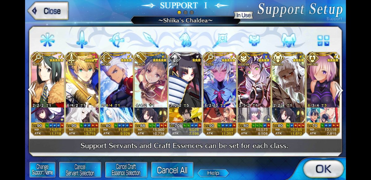 Support setup progression update.* Almost all servants maxed out* FINALLY GRAILED ARTHUR WOOHOO. On our way to Lvl 100!!