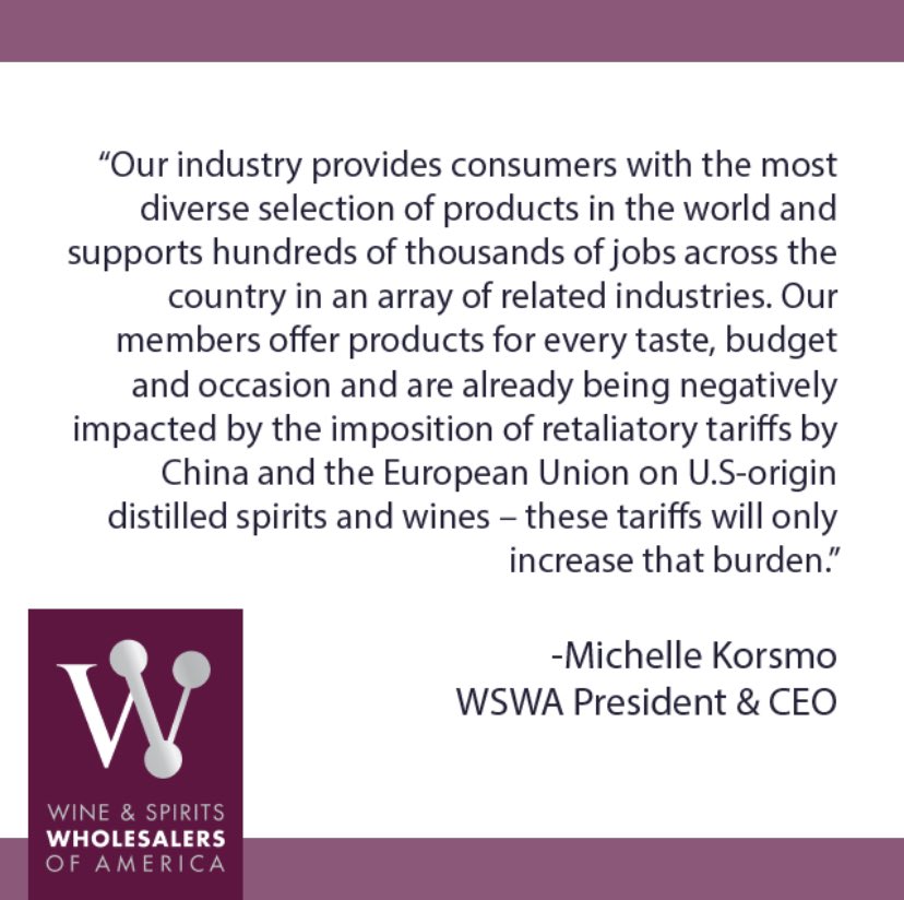 WSWAMedia's tweet image. WSWA REMAINS STRONGLY OPPOSED TO TARIFFS ON EUROPEAN-ORIGIN WINE AND SPIRITS! 

We stand in strong opposition of the Office of the United States Trade Representative and the continuation of a 25 percent tariff on EU wines and spirits. #TariffsTakeJobs #ToastsNotTariffs