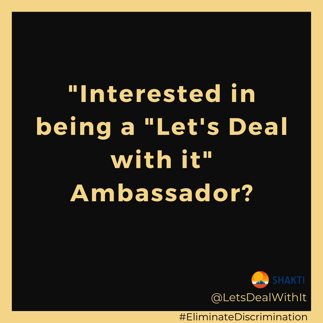 _LetsDealWithIt's tweet photo. Interested in becoming a "Let’s Deal With It" Ambassador?
To find out more about requirements to be an Ambassador email: letsdealwithit@shakti.org.nz
#letsdealwithit #shakticommunitycouncil #ambassador #campaignambassador #discrimination #eliminatediscrimination #racism https://t.co/K8pVCNxVxR