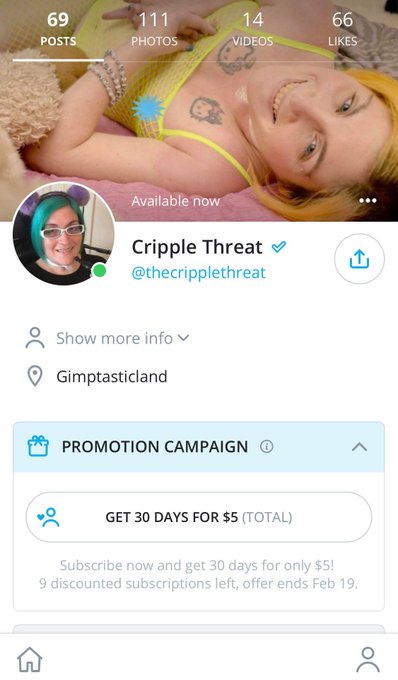 30 days to my OnlyFans site is 50% off! $4.80 a month. Get it while this paralyzed pussy is hot! #69<a href="/tag/disabledpeoplearehot"class="tags"><span>#disabledpeoplearehot</span></a><a href="/tag/cripnips"class="tags"><span>#cripnips</span></a>