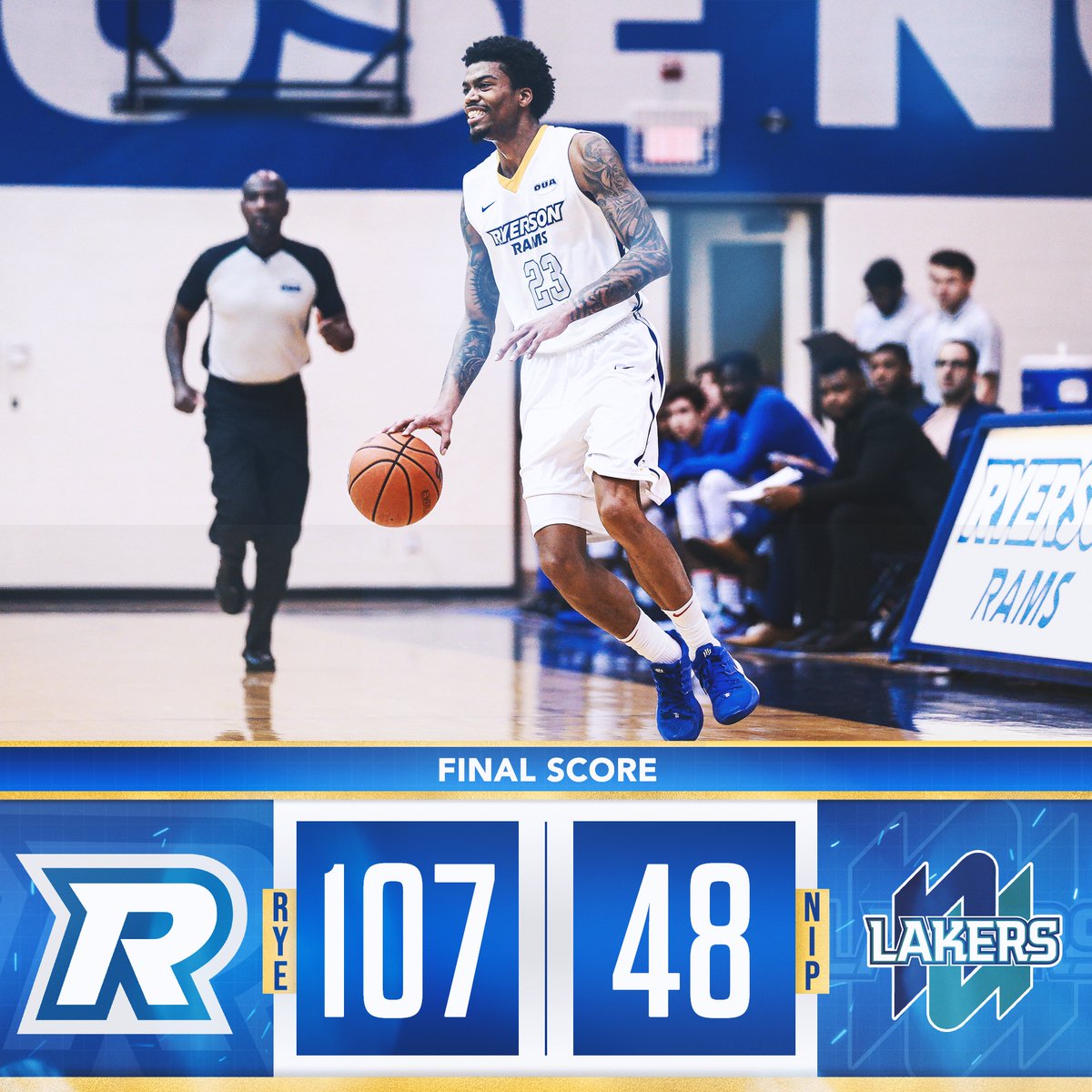 M🏀| <a href="/RyersonRamsMBB/">Ryerson MBB</a> have reason to smile big as they hand the <a href="/nulakers/">Nipissing Lakers</a> a 107-48 loss.

Rams back tomorrow against <a href="/LUVoyageurs/">Laurentian Voyageurs</a> @ 8:00 pm ET.

#weRrams