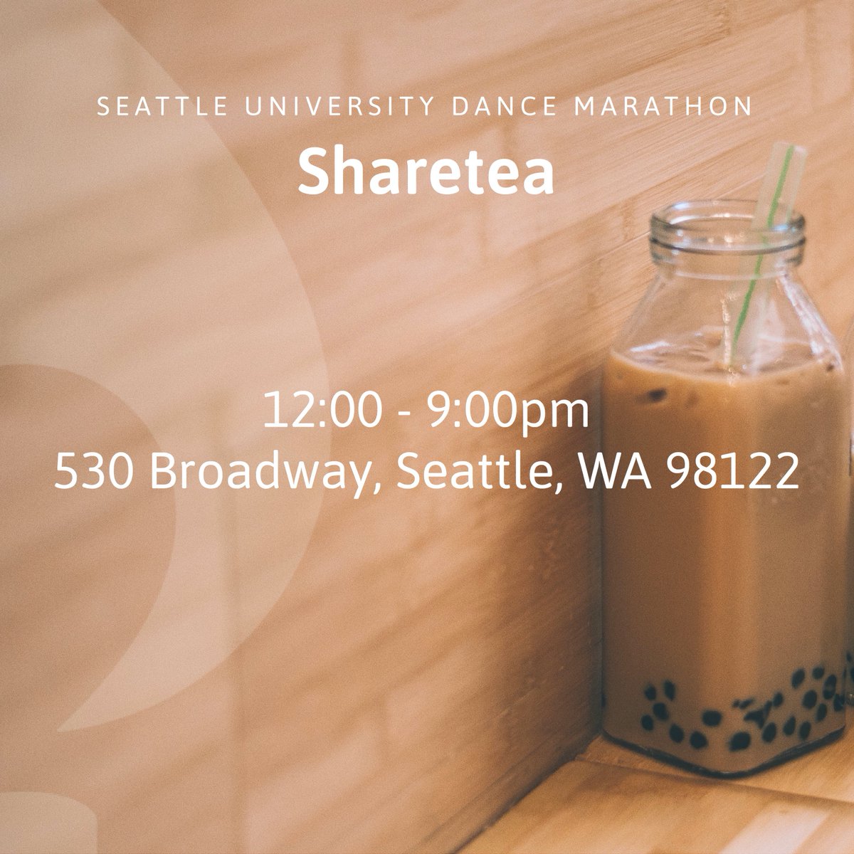 SeattleuDM's tweet image. Boba Alert Tomorrow!!! During Dance Marathon, tomorrow, we are doing a fundraising event with Sharetea on Broadway. Help us raise money by getting some boba! Don't forget to say "SUDM" when ordering! #FTK!
