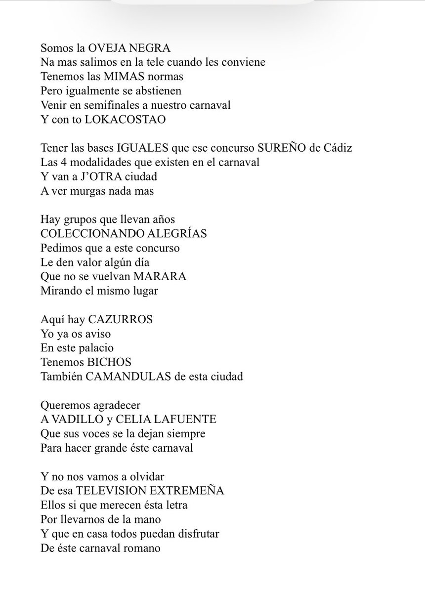Nuestro primer pasodoble cantado esta noche en el concurso!!Con ésta letra queremos agradecer a todas las personas que están detrás del carnaval romano porque gracias a ellos somos el concurso con mas agrupaciones de Extemadura!!#salalacalle