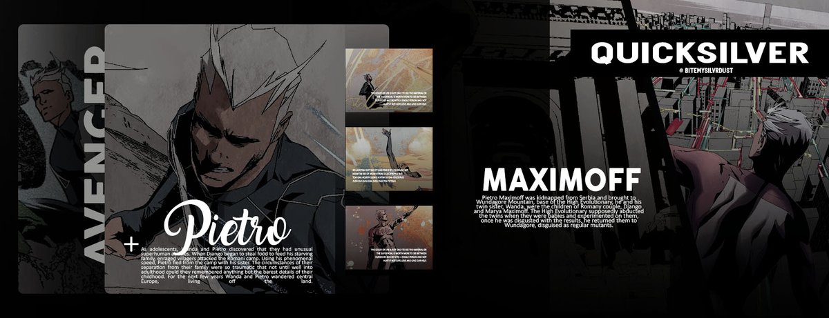 ㅤ
❛❛
I'M THE 𝗙𝗔𝗦𝗧𝗘𝗦𝗧 MAN ON EARTH.
but what if that's not fast enough?
━━━━━━━ ╍ ╍ ━━━━━━━
PIETRO DJANGO MAXIMOFF:
𝐐𝐔𝐈𝐂𝐊𝐒𝐈𝐋𝐕𝐄𝐑。

AVENGER  &amp;&amp;  MUTANT. 
AT THE 𝗦𝗣𝗘𝗘𝗗 OF 𝗦𝗢𝗨𝗡𝗗.
〞𝗪𝗔𝗡𝗗𝗔's TWIN.