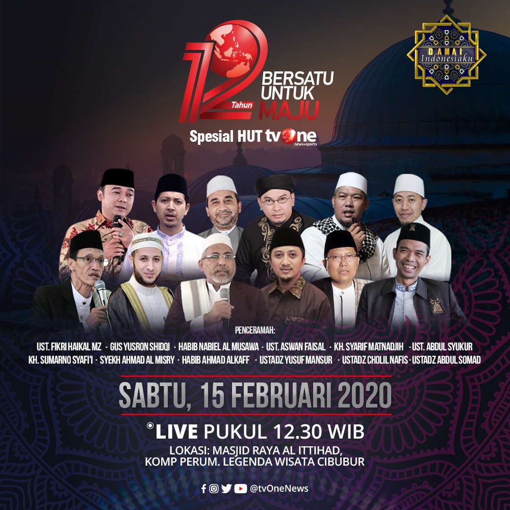 Jangan lewatkan Damai Indonesiaku Spesial 12 Tahun tvOne, Bersatu Untuk Maju.Sabtu, 15 Februari 2020 jam 12.30 WIB LIVE hanya di tvOne & streaming tvOne connect, android http://bit.ly/2EMxVdmΒ & ios http://apple.co/2CPK6U3Β .#DamaiIndonesiakutvOne #12TahuntvOne