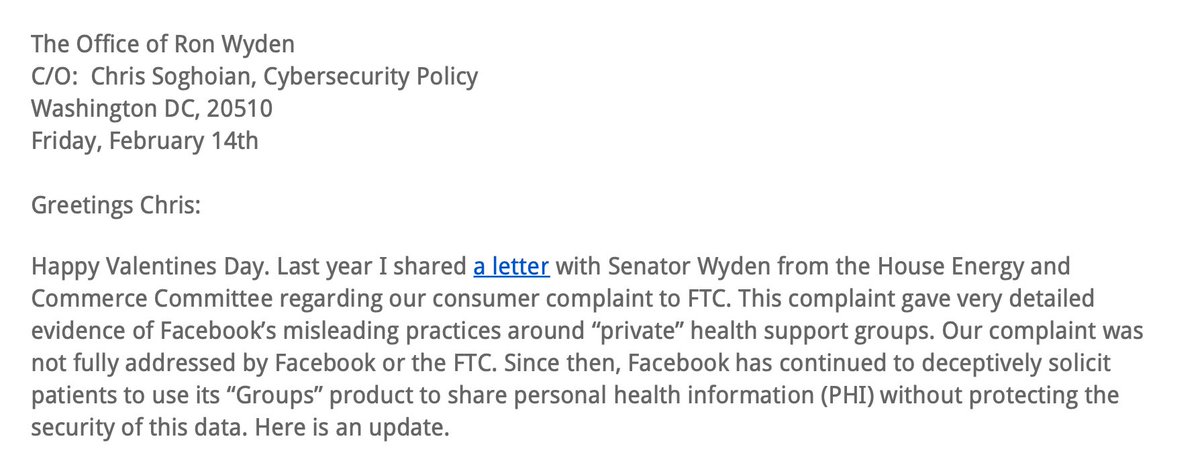 I visited my Senator to shed light
Wrote this #HealthPolicyValentine 
Patient Groups on social media need rights 
Our health data are not a Zuck's data mine  

❤️📢❤️📢❤️📢