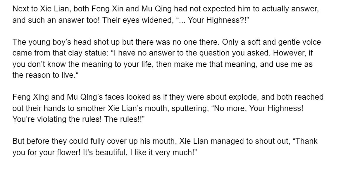 didnt xie lian told hua cheng that this that he said was embarrassing? yet it ment a lot to hua cheng... also he thanking for the flower,, im cry
