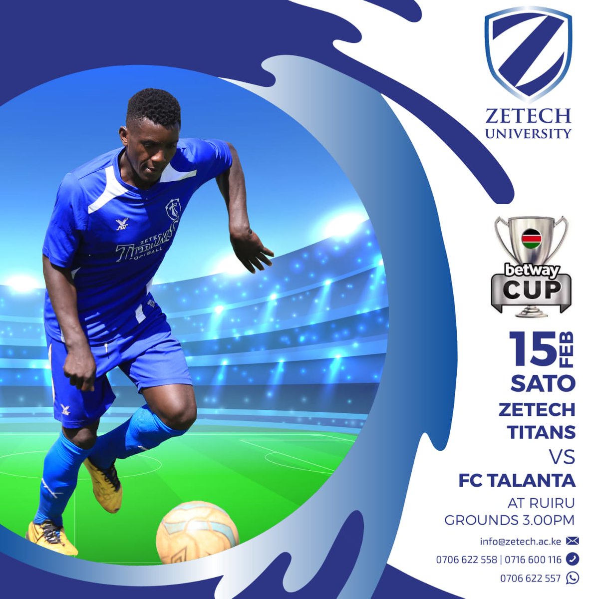ZetechClub's tweet photo. #Betway cup..
Zetech Titans welcome FC Talanta  round 32 of the Betway cup...
Time :3 pm
Venue:Ruiru grounds 
ZETECH TITANS VS FC TALANTA
@ZetechUni 
@ItsMo_Says 
@BrighterMonKE 
@kefwaofficial 
@Itsmadokaa 
@GhettoRadio895 https://t.co/gpxRc80RiG