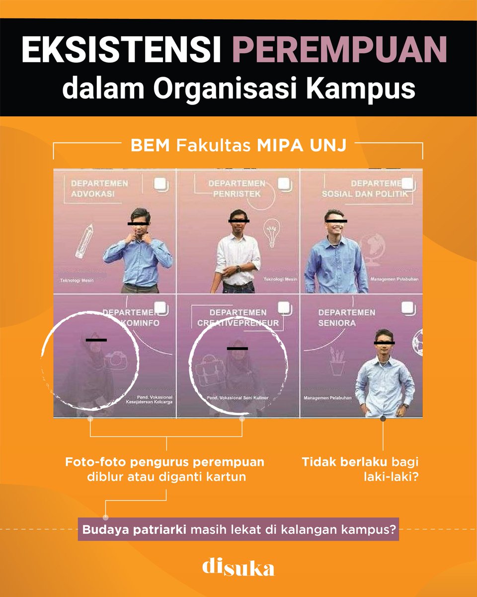 Eksistensi #Perempuan dalam Organisasi Kampus: Pengguna media sosial digegerkan dgn postingan BEM Fakultas MIPA #UNJ yg memblur atau mengganti foto pengurus perempuannya dgn kartun. Bukti bahwa budaya patriarki masih lekat di kalangan kampus? Simak #Infographics kita
#disukaid