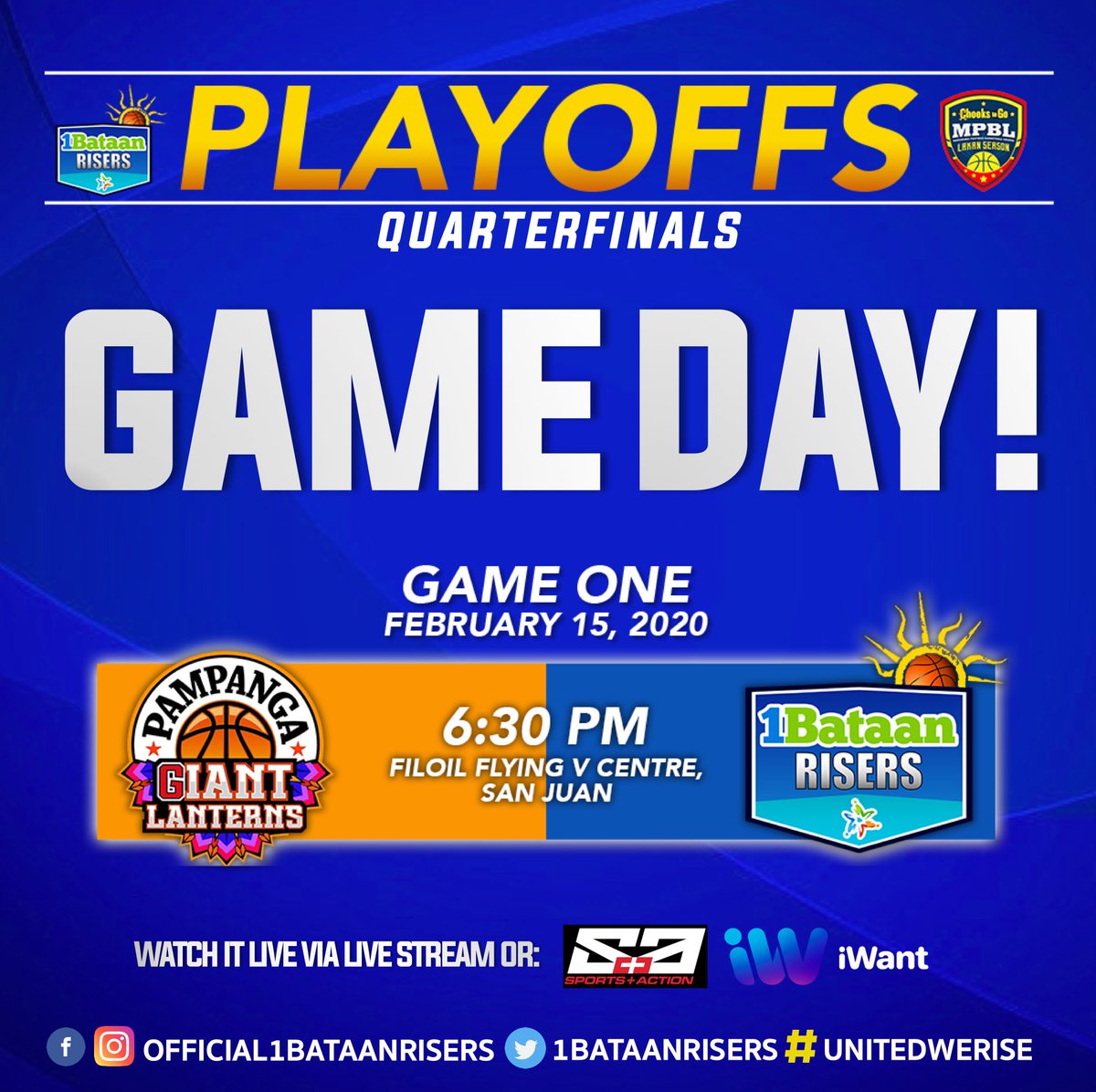 IT'S PLAYOFFS TIME! 🏀 Time to unleash the power of Bataan and support our #1BATAANRISERS team later at 6:30PM. 👊 Kita-kits po tayo sa Filoil Flying V Centre, San Juan! 

#UnitedWeRise #CamayaCoast #R1SERS #MPBLPlayoffs #NorthDivision #MPBL #LakanSeason3 #LigaNgBawatPilipino