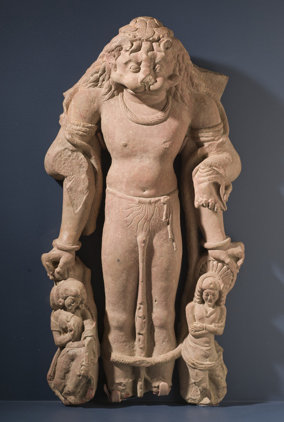 This 1400 year old Gupta era murthi of Narasimha is now smuggled away at the LA county museum. He hold the Shanka & Chakra with the left arms. While the upper right arm is missing, he probably holds a gada(mace) with the lower one.  https://collections.lacma.org/node/246445 