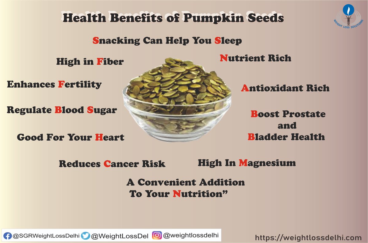 Health Benefits Of Pumpkin Seeds
@WeightLossDel 

#obesitysurgery #weightloss #bariatricsurgery
#gethealthy #roboticsurgery #weightlossdiet #healthylifestyle
#SirgangaRamHospital #besthospitalindelhi
#BornWithWings #SaturdayMotivation #SaturdayThoughts

weightlossdelhi.com