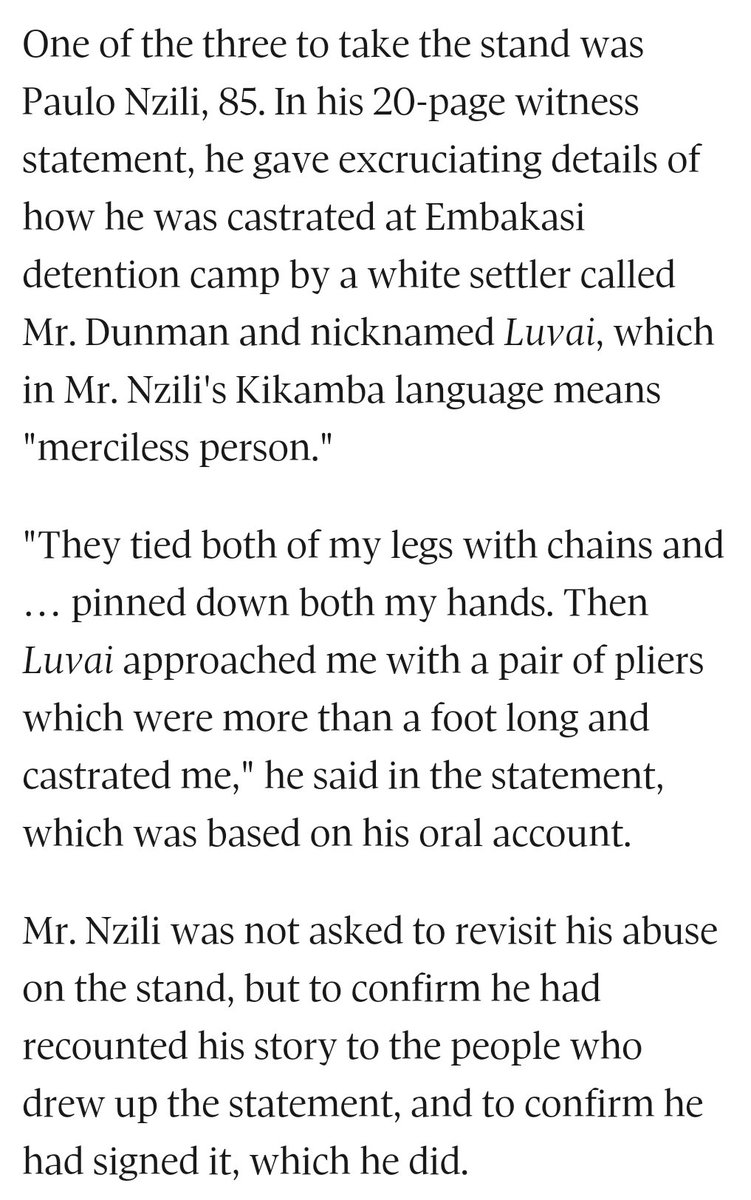  https://www.theglobeandmail.com/news/world/londons-high-court-hears-of-castration-rape-and-beatings-in-the-empire/article4424253/One of Luvai's victims testified to his abuses during the Mau Mau case in London's High Court in 2012.