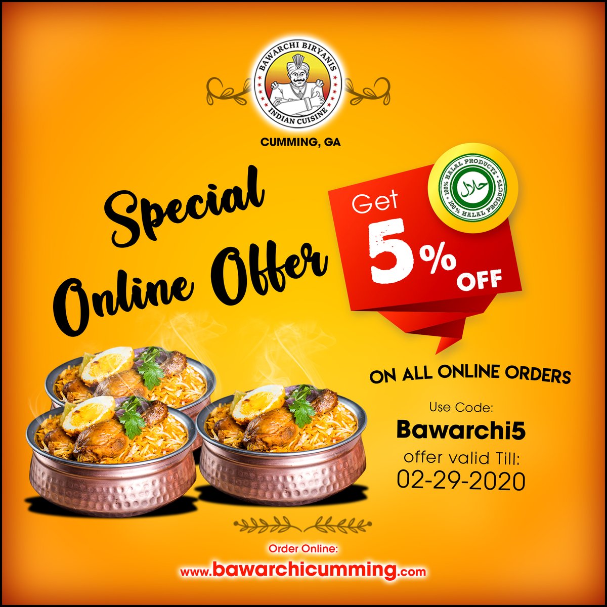 Beat the hunger with Bawarchi Biryanis - Cumming, GA👊😎

Now Get 5% Off on all online orders

Use Code - BAWARCHI5

Offer Valid up to - 01-31-2020

Order Online📲: bawarchicumming.com

#BawarchiCumming #BawarchiBiryanis #OrderOnline  #orderonlie #specialoffer #indiancuisine