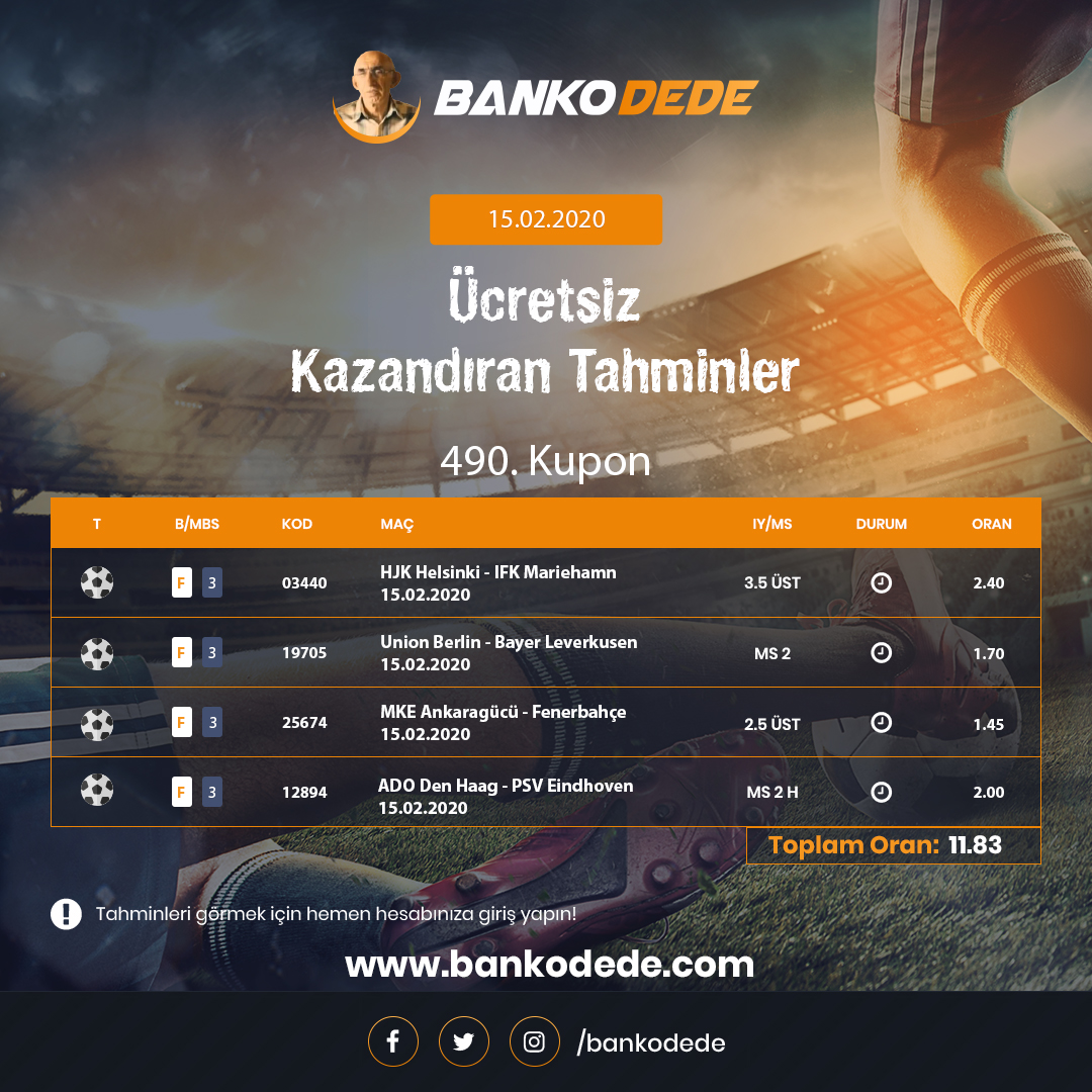 Pazar günü 14.16 kat kazandırdık, bugün de iddialıyız. Günün kaçırılmayacak kuponu #Bankodede'de.
bankodede.com 
#iddaatahmin #bankokupon #bahis #bankotahmin #iddaatahminleri #iddaa #iddaakuponu