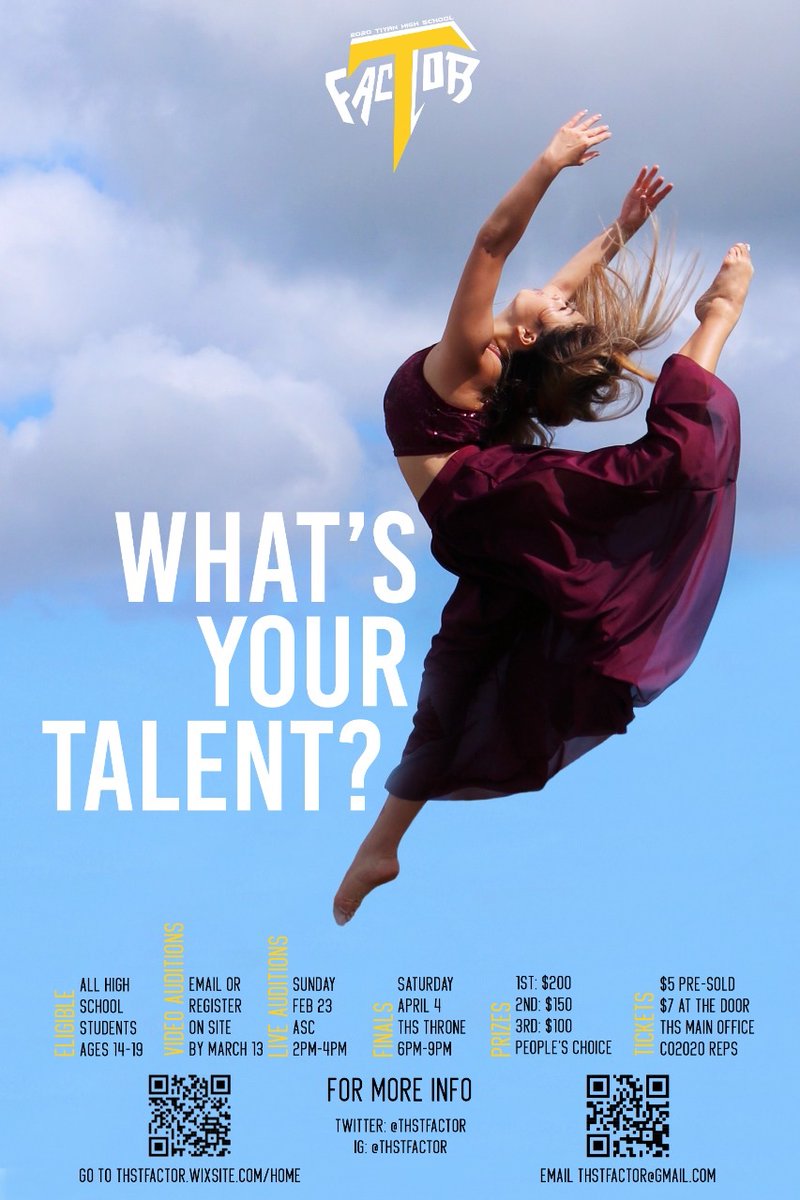 thstfactor's tweet photo. The THS T-Factor Talent Competition is on 4/4, open to all HS students, with live auditions (2/23@ASC@2-4PM) and video auditions (due 3/14 to thstfactor@gmail.com). Cash prizes + trophies for the top 3. Go to https://t.co/s4PqyOXXhE. https://t.co/C1ib4vZzvi