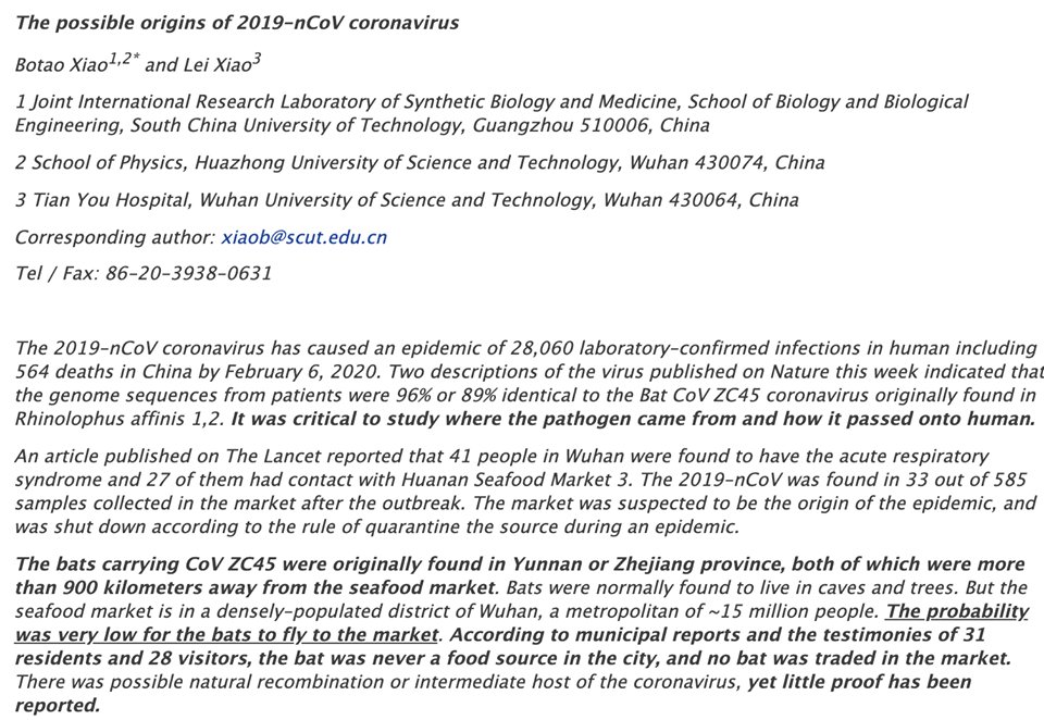 ezracheungtoto's tweet photo. #BREAKING: South China University of Technology biologist Xiao Botao exposed that the #COVID19 might have originated from an animal research lab 280m away from the epicentre of the outbreak. The scientists were reportedly bitten by bats used for a test on louse. H/T: 
@mantaichow https://t.co/uZEXHmvbTU
