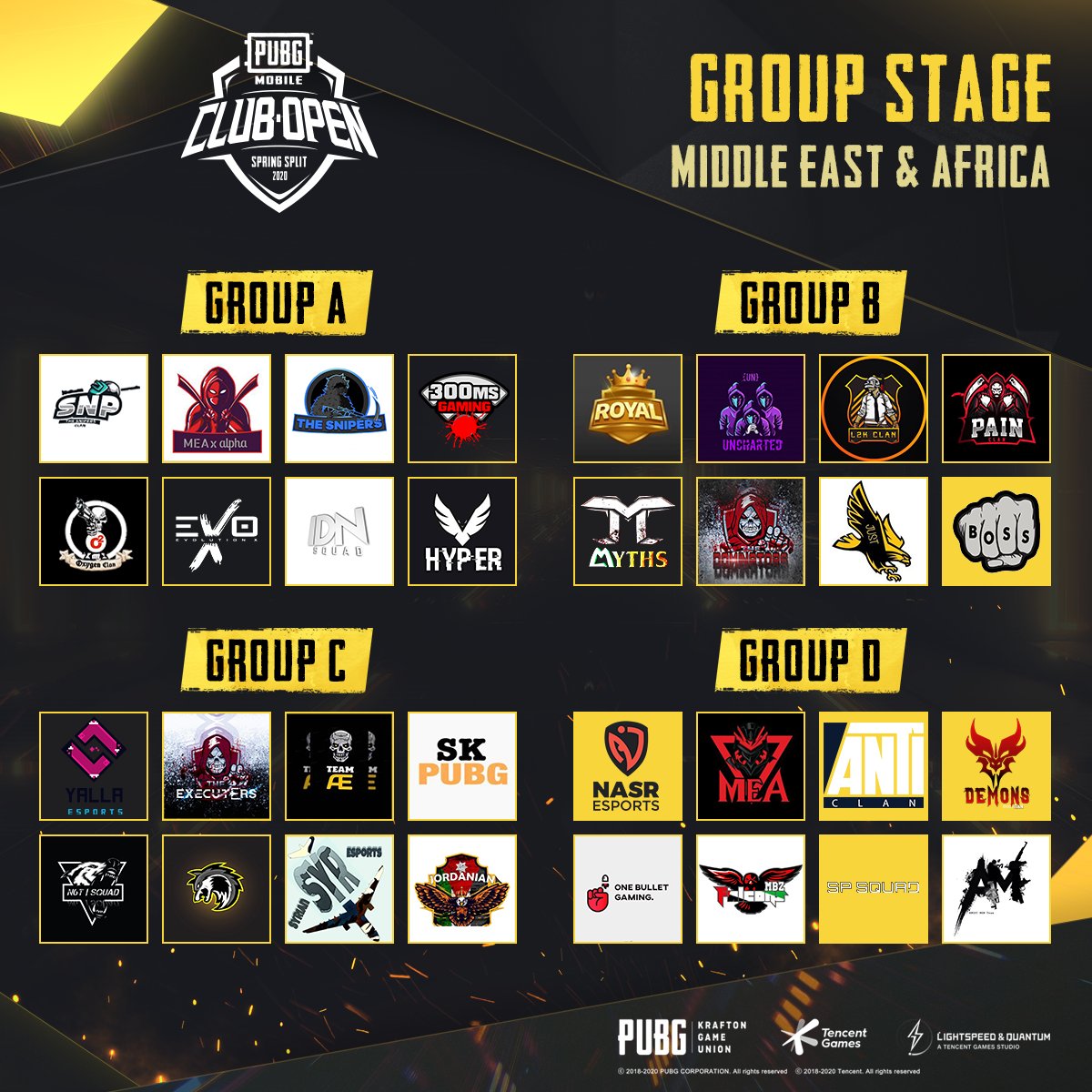 EsportsPUBGM's tweet photo. Happy to announce the 32 teams from the North America and MENA region that are playing in the Group Stages of #PMCO2020 spring split. Catch the fight from 18th-23rd February live on YouTube: https://t.co/rPsG1SfTS0 https://t.co/UVKt17Vsgo