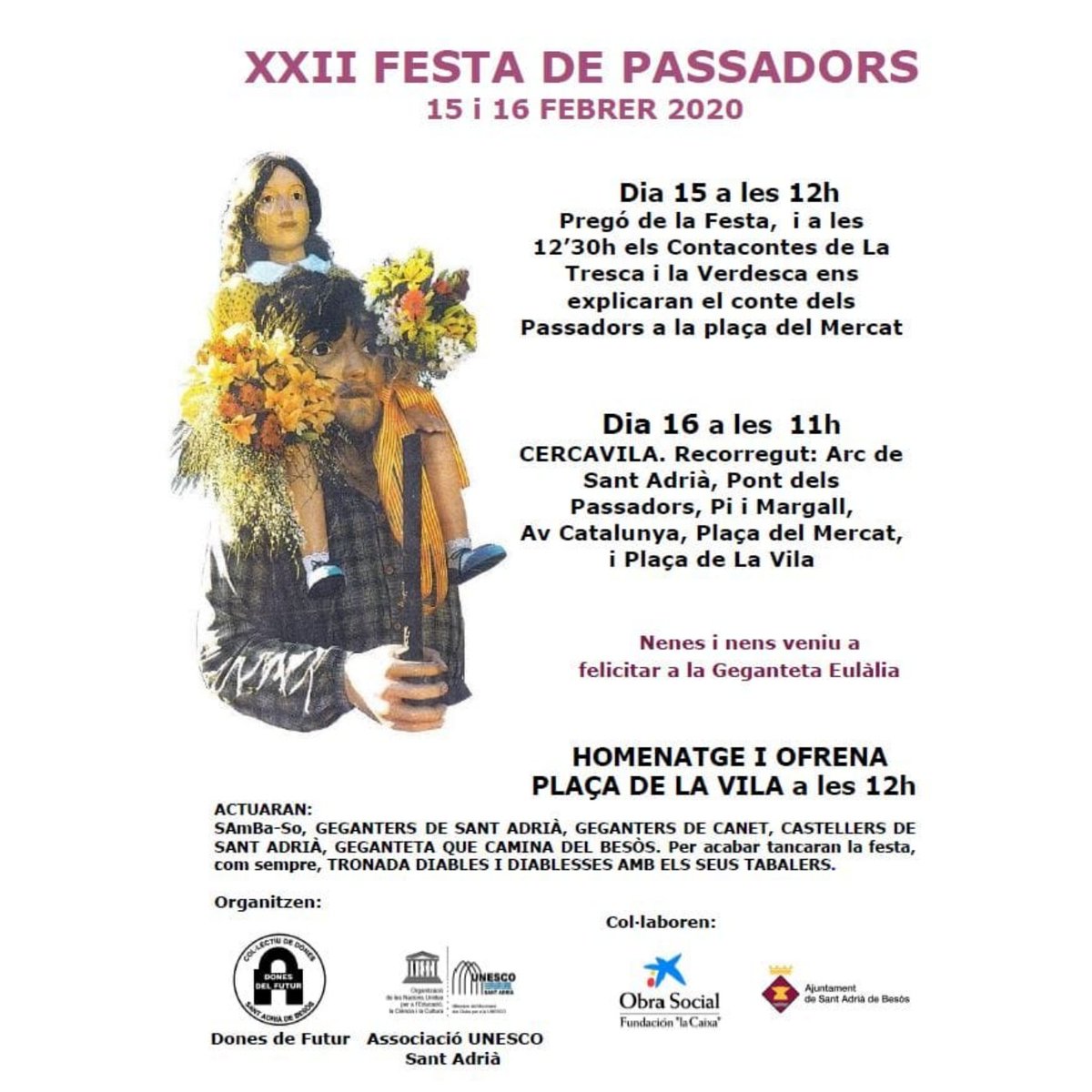 Bon dia! Aquest diumenge, Festa de Passadors a Sant Adrià de Besòs, amb la participació de la colla local i la colla de Canet de Mar.

#gegants 
#Maresmegeganter