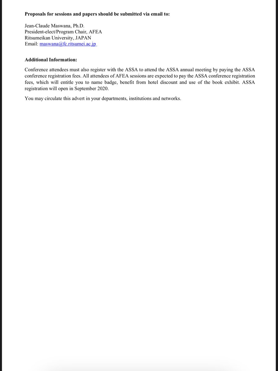 AFrican Economic Association (AfEA) (@afeaafrican) on Twitter photo AFEA (African Finance and Economics Association) CALL FOR PAPERS, AEA/ASSA2021 <a href="/ECA_OFFICIAL/">ECA</a> <a href="/AfDB_Group/">African Development Bank Group</a> <a href="/BD_Africa/">BusinessDaily</a> <a href="/BISouthAfrica/">Business Insider SA🇿🇦</a> <a href="/Mo_IbrahimFdn/">Mo Ibrahim Foundation</a> <a href="/SADC_News/">SADC Secretariat</a> <a href="/_AfricanUnion/">African Union</a> <a href="/The_EastAfrican/">The EastAfrican</a> <a href="/ecowas_cedeao/">Ecowas - Cedeao</a> <a href="/AfricanEcoForum/">AfricanEconomicForum</a> <a href="/AUE_Forum/">African Universities Economic Forum</a> <a href="/africaintellect/">African Economist</a> <a href="/AfricanEconomic/">African Liberators Economic Institute</a> AFEA (African Finance and Economics Association) CALL FOR PAPERS, AEA/ASSA2021 <a href="/ECA_OFFICIAL/">ECA</a> <a href="/AfDB_Group/">African Development Bank Group</a> <a href="/BD_Africa/">BusinessDaily</a> <a href="/BISouthAfrica/">Business Insider SA🇿🇦</a> <a href="/Mo_IbrahimFdn/">Mo Ibrahim Foundation</a> <a href="/SADC_News/">SADC Secretariat</a> <a href="/_AfricanUnion/">African Union</a> <a href="/The_EastAfrican/">The EastAfrican</a> <a href="/ecowas_cedeao/">Ecowas - Cedeao</a> <a href="/AfricanEcoForum/">AfricanEconomicForum</a> <a href="/AUE_Forum/">African Universities Economic Forum</a> <a href="/africaintellect/">African Economist</a> <a href="/AfricanEconomic/">African Liberators Economic Institute</a>