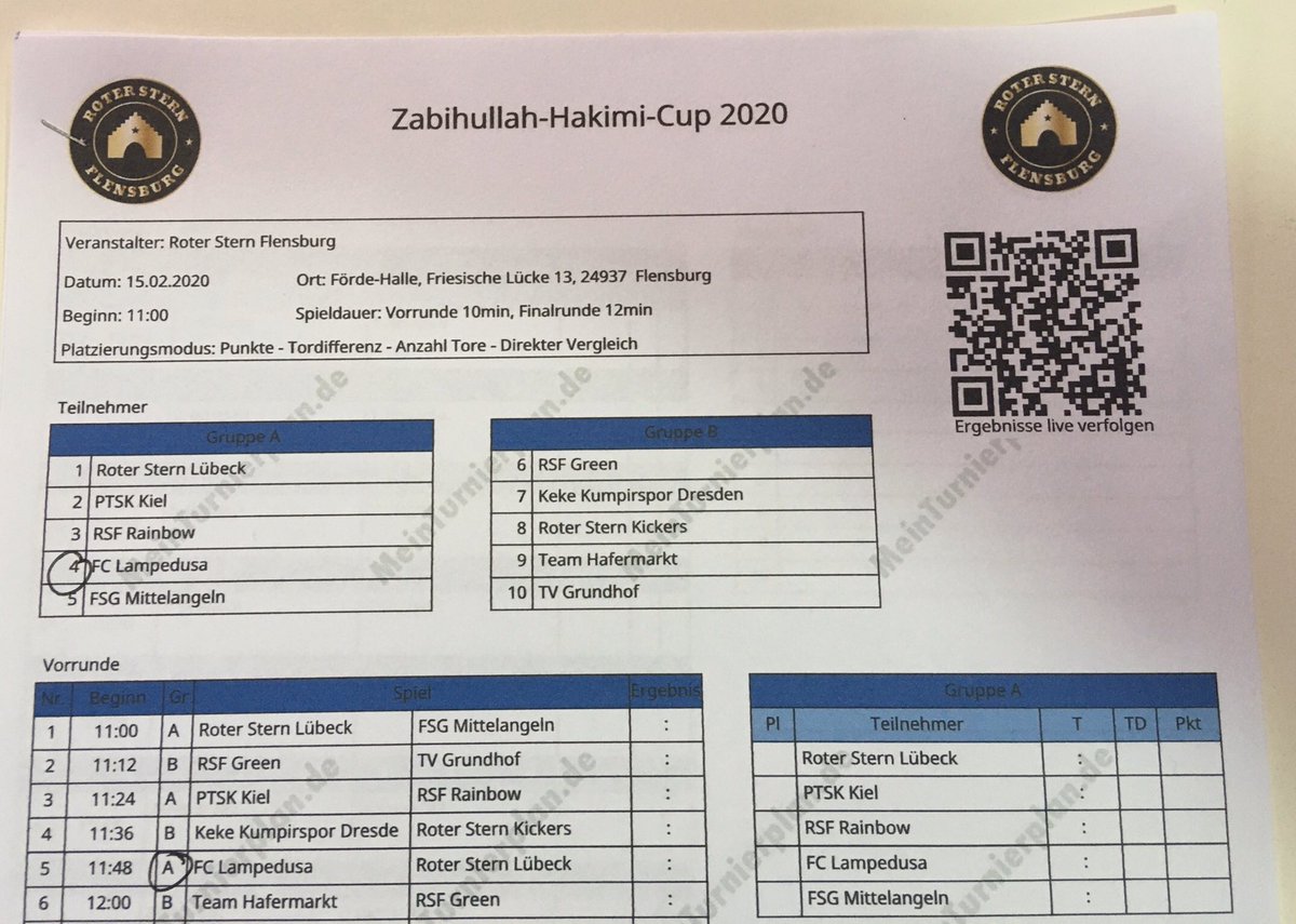 Moin moin aus Flensburg, von einem unserer Lieblingsturniere.
Heute mit QR-Code zum Turnierplan. Love stalking - hate racism!