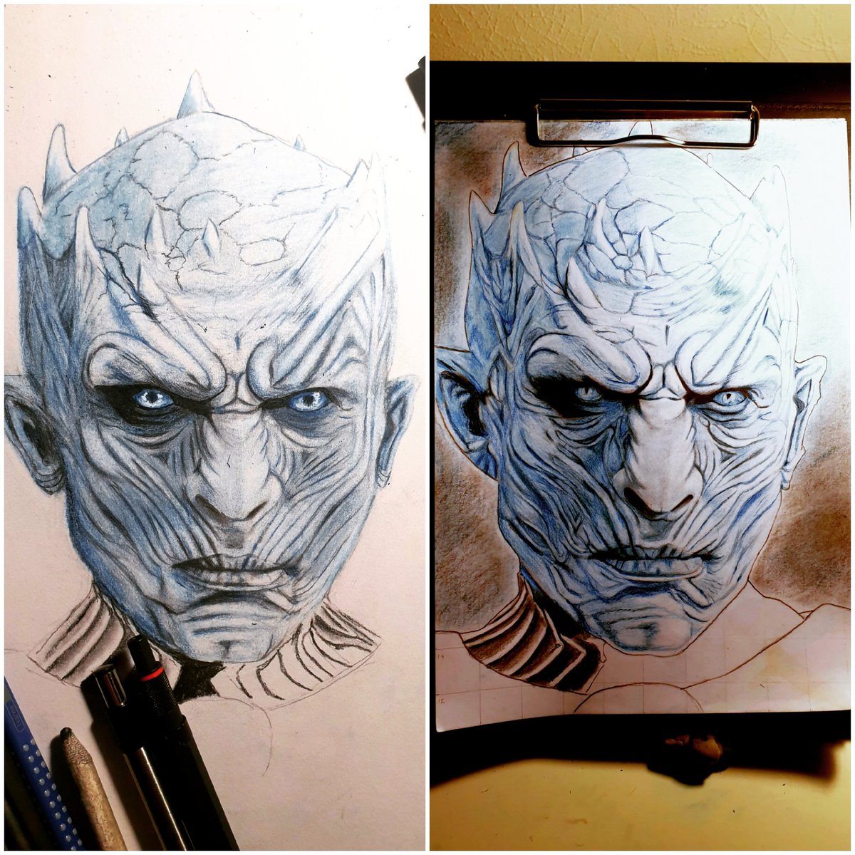 AFaliboga's tweet photo. The first attempt of drawing the Night King on the left side without using the grid line technique...In the second drawing I am using the grid line technique. Which one do you think is better?
#portrait #artistic #nightking #gameofthrones #creative #drawing #fanart #pencildrawing https://t.co/Pn9OwqzIdx