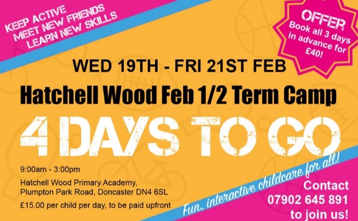 4 DAYS TO GO

<a href="/HatchellWood/">Hatchell Wood</a> Half Term Camp

09.00-15.00

£15.00 per child per day 

Limited places left!!