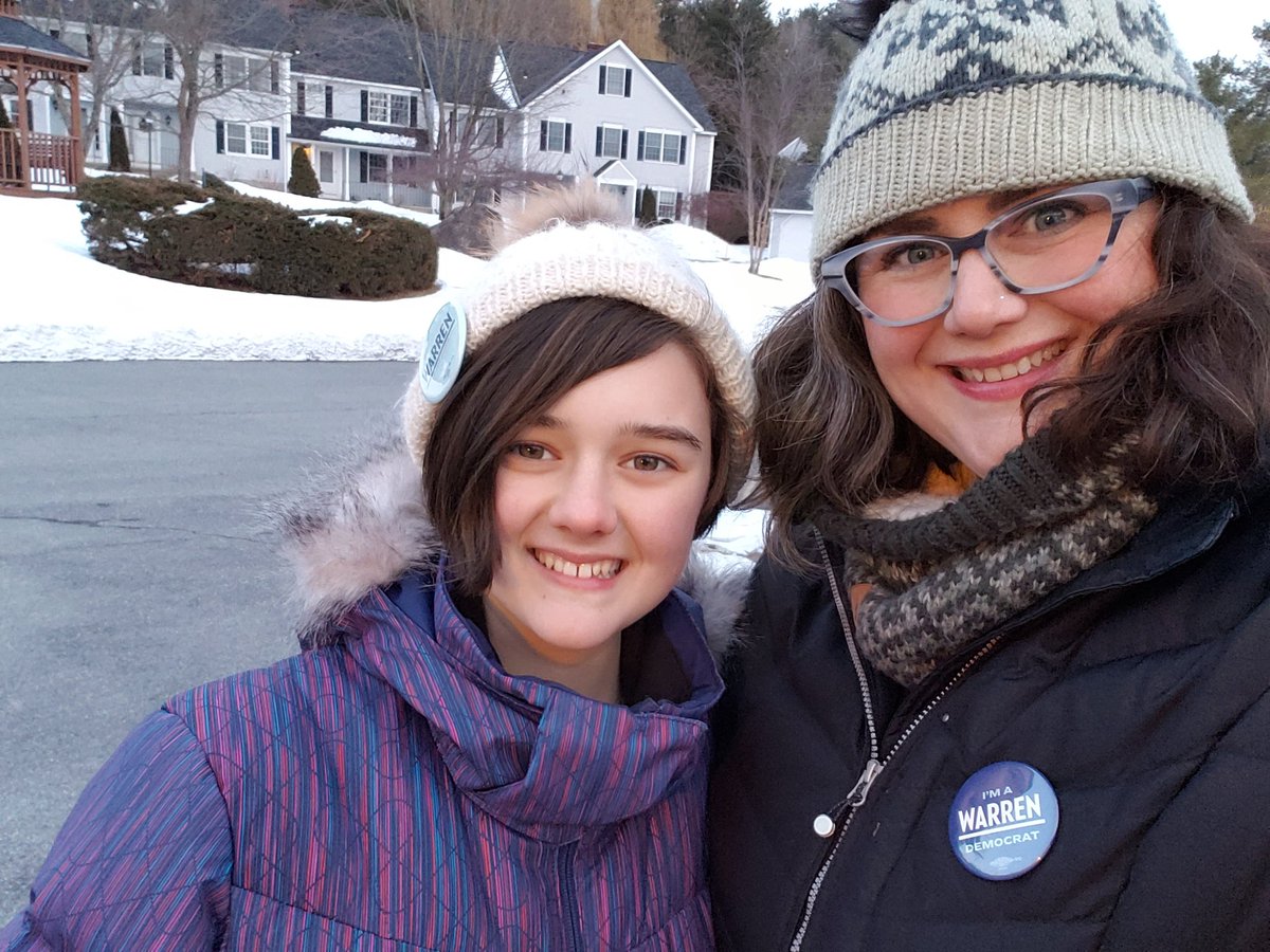 VTmama's tweet photo. 12 year old daughter and I canvassed for @ewarren today in Vermont. We had half of the people we talked to supporting her and voting in Tuesdays primary for her! Happy Day! #ElizabethWarren #IVotedForWarren #ElizabethWarren2020 https://t.co/8fH5srWqGJ