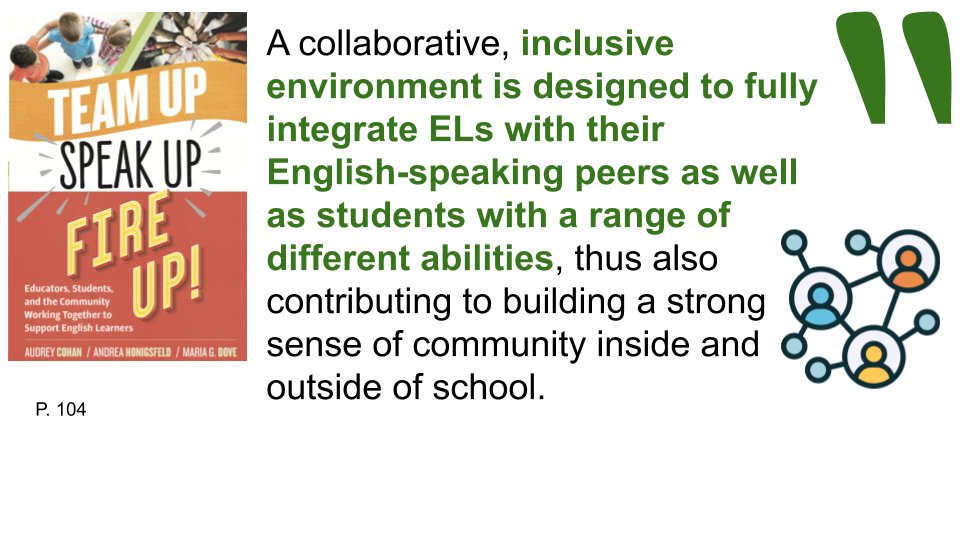 Our job is to create an inclusive environment where ELs fully integrate w/ the rest of the community. 

<a href="/AndreaHonigsfel/">Dr. Andrea Honigsfeld</a> @jebjsr <a href="/mariagdove/">Maria G. Dove</a> @audrey_cohan

amzn.to/2VBKFu9 #esl #eal #eld #esol #tesol #ellchat