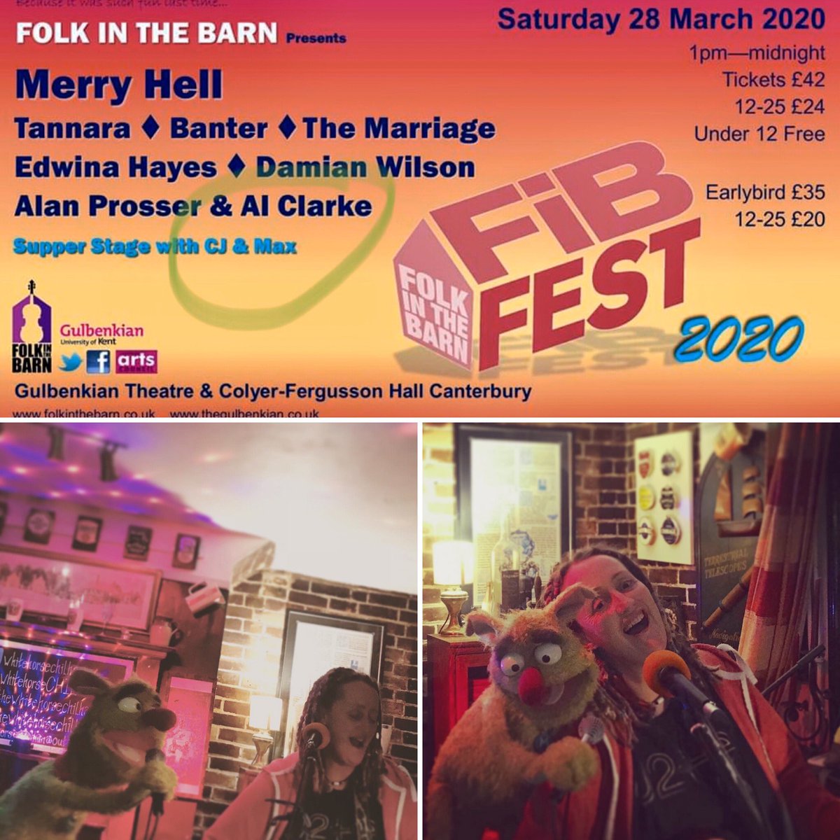 CJandMax's tweet photo. This .... is happening 🥰🐾🐾💚🎶 #FiBFEST #cjandmax #muppet #duo #excited @CJandMax @cjstrumsguitar @FolkintheBarn @TheGulbenkian https://t.co/QxUo3xM4hn