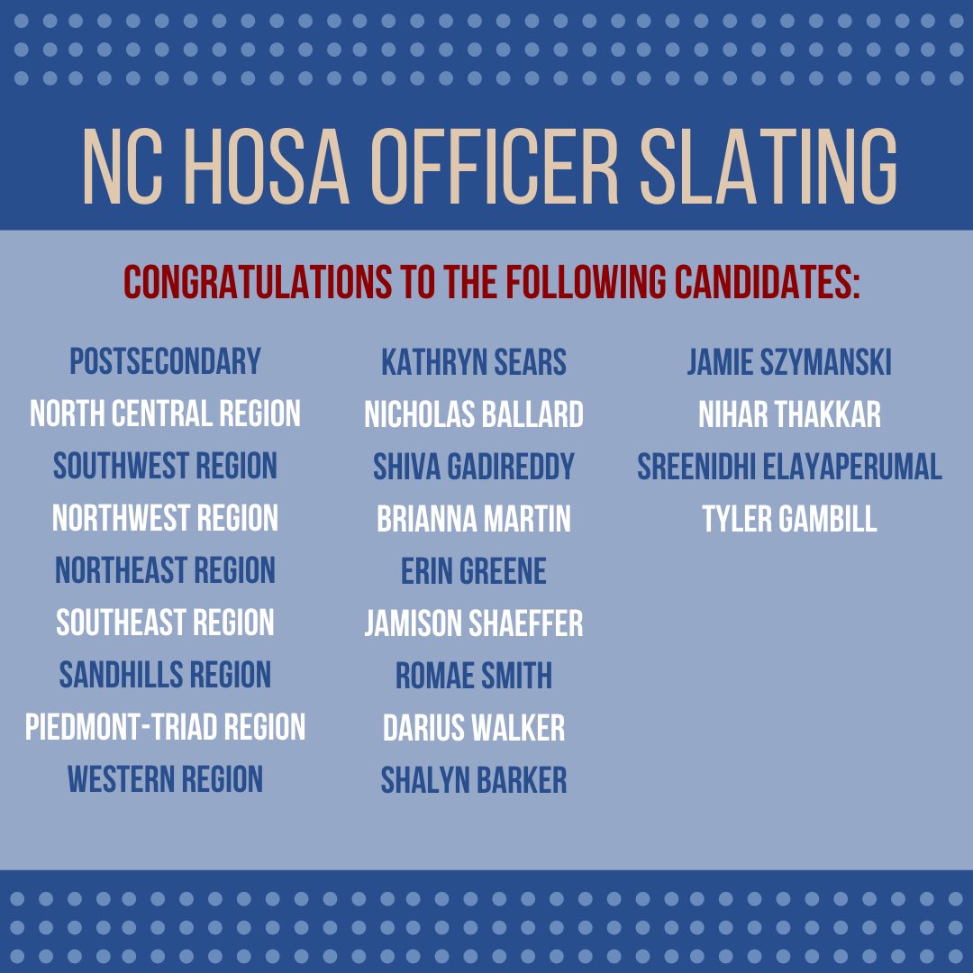 nc_hosa's tweet photo. CONGRATULATIONS to the following individuals who have been slated for the 2020-2021 NC HOSA Executive Council! Thank you to all of our candidates for their hard work and participation. Campaigning and elections will take place during SLC! Good luck in the upcoming election! https://t.co/YEDvFs3uOL