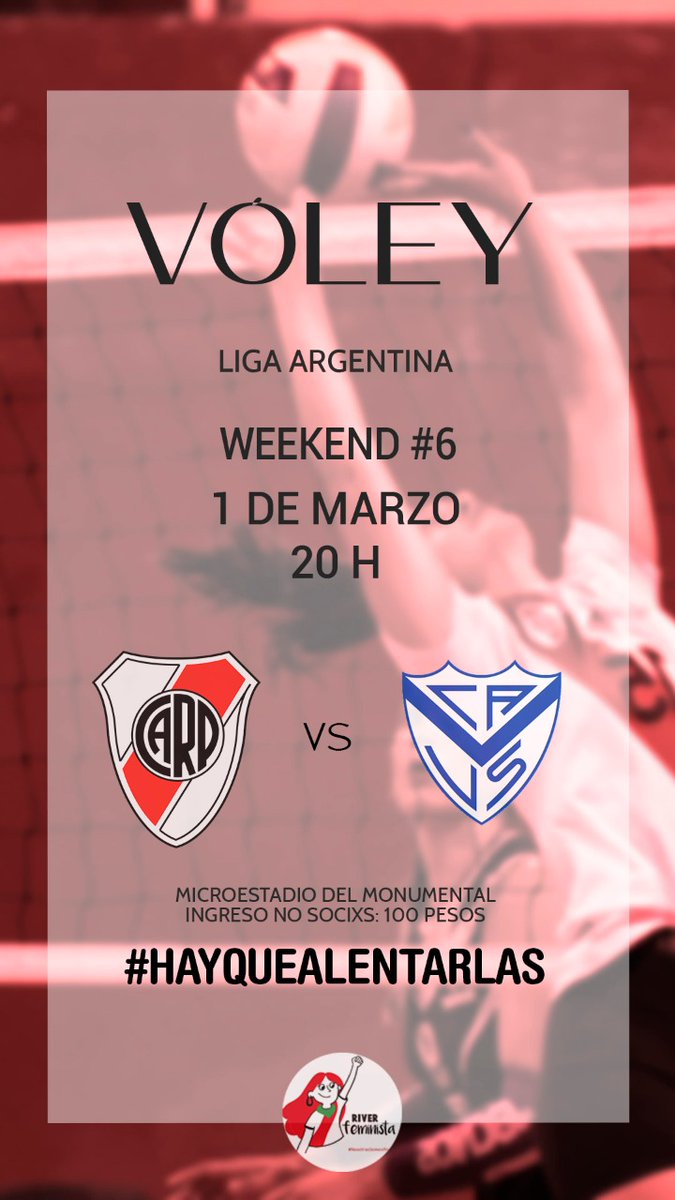 RiverFeminista's tweet photo. ¡Mañana día de localía para vóley y fútbol! 🏐⚽
@RiverFutbolFem 🆚 GELP por la #Fecha15
⏰ 9 horas
🏟️ Cancha auxiliar
🎟️: Libre y gratuita con DNI
@RiverVoley cerrará el #Weekend6 🆚 Vélez
⏰ 20 horas
🏟️ Microestadio
🎟️ No socixs $100 / Socixs ingresan gratis https://t.co/sS61DaFCkw