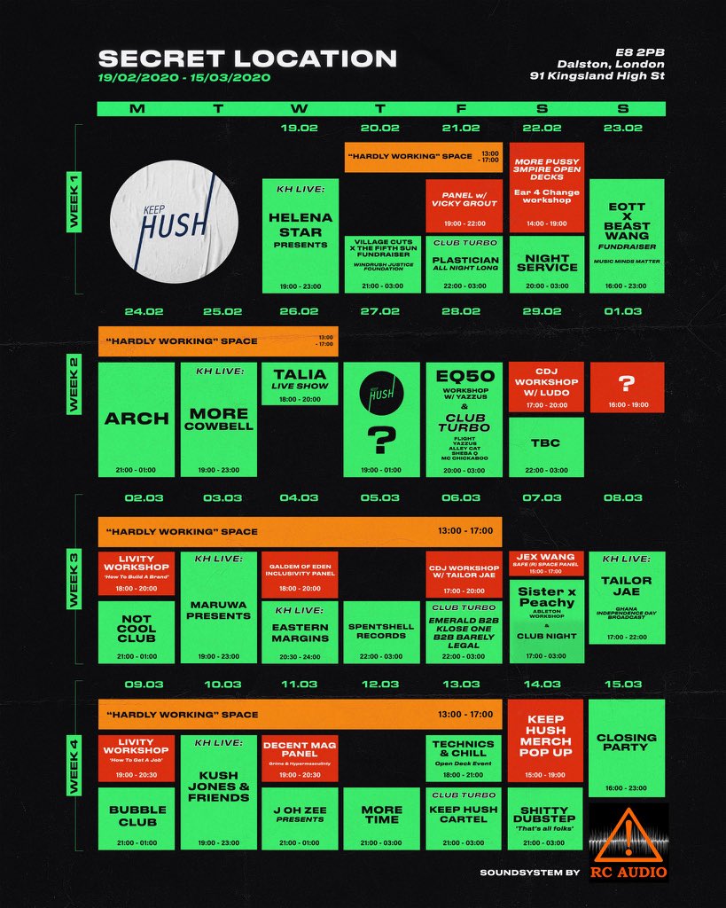 March 10th <a href="/keephushuk/">Keep Hush</a> let me curate a night of music at the legendary Alibi in Dalston.

<a href="/djjjfrost/">Jumpin Jack Frost</a> 
<a href="/ScratchaDVA/">Scratchclart</a> + <a href="/LadyLykez/">Lady Lykez</a> 
<a href="/DownByDfault/">DJ NOIR JBW - KEEP THE VIBE ❄️👑</a> b2b <a href="/j_drago/">j_drago_ 🔻</a> 
@elise1111111 
<a href="/soundslikemo_/">MO</a> 
and myself

RSVP and let’s pack it out 👉🏾 bit.ly/3ccWsVo 🏁🏁🏁🏁