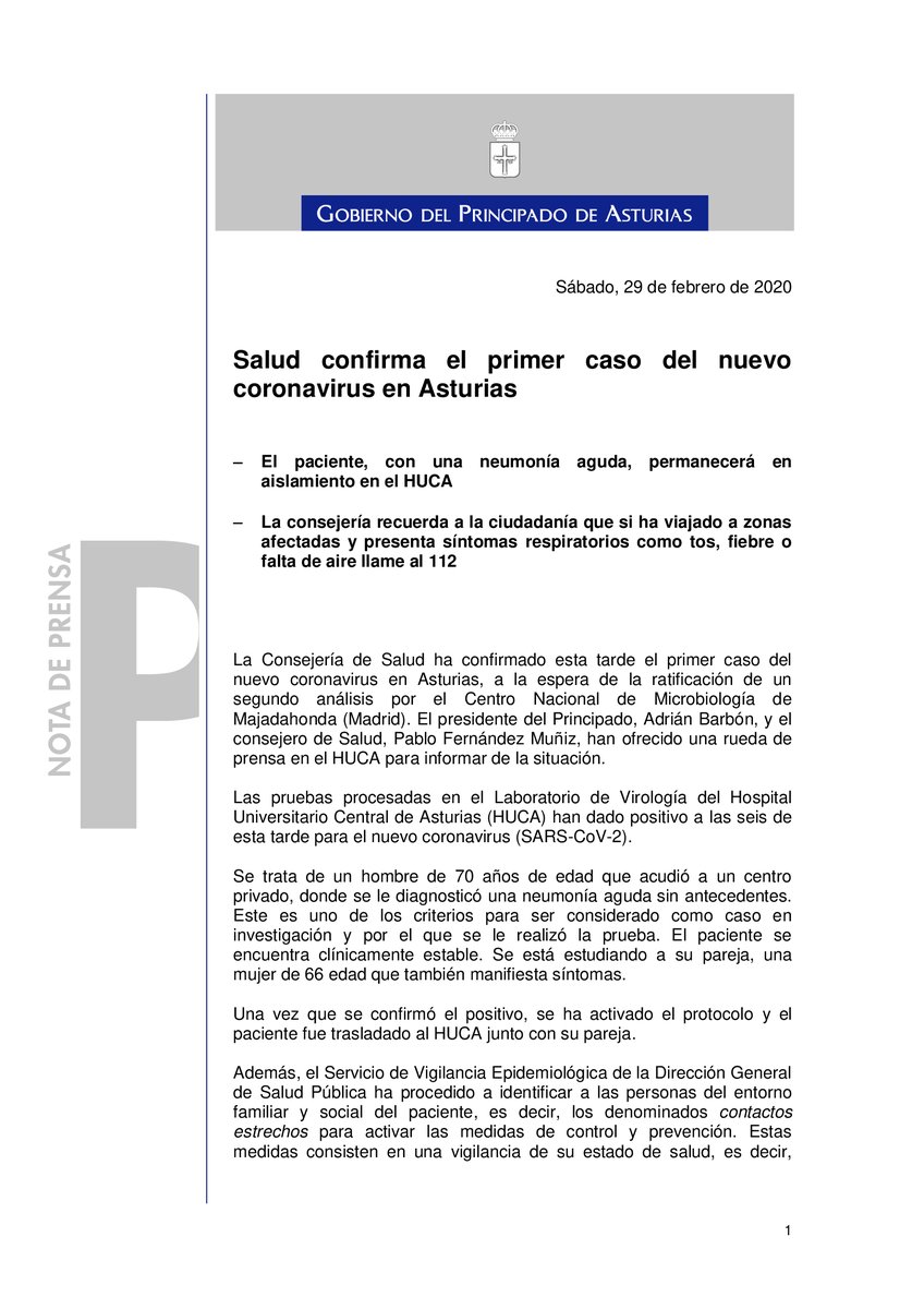 GobAsturias's tweet photo. Salud confirma el primer caso del nuevo coronavirus en Asturias https://t.co/OZjTzR0HF4