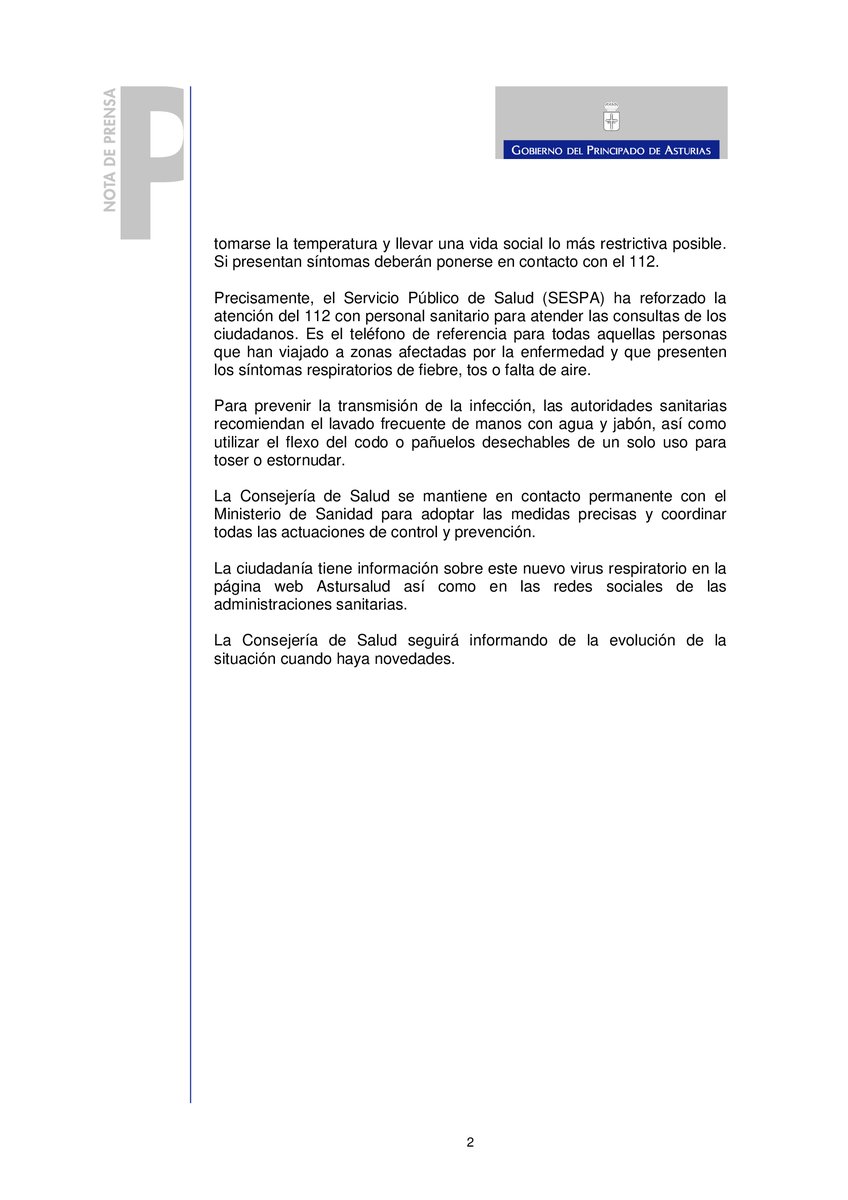 Salud confirma el primer caso del nuevo coronavirus en Asturias
